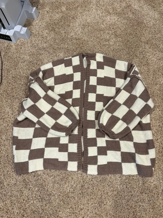 Chunky Checkerboard Cardigan Sweater - Brown & Cream - Picture 1 of 3